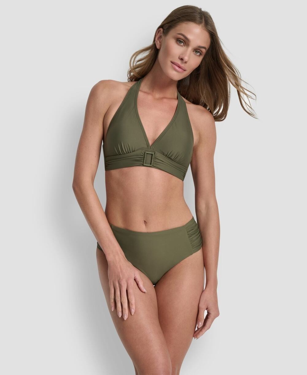 DKNY Women's Shirred Buckle Front V-Neck Halter Top Moss Size S 3170